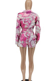 Pink Fashion Sexy Print Patchwork Turndown Collar Long Sleeve Three Pieces