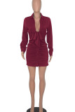White Sexy Solid Patchwork Buckle Fold U Neck Dresses