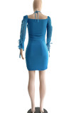Peacock Blue Sexy Solid Bandage Hollowed Out Patchwork Asymmetrical Collar Pencil Skirt Dresses