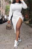 White Sexy Solid High Opening Half A Turtleneck Irregular Dress Dresses