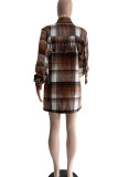 Brown Casual Print Patchwork Buckle Turndown Collar Tops
