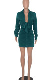 White Sexy Solid Patchwork Buckle Fold U Neck Dresses