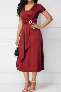 Burgundy Casual Solid Patchwork V Neck A Line Dresses