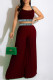 Burgundy Sexy Print Patchwork Spaghetti Strap Sleeveless Two Pieces