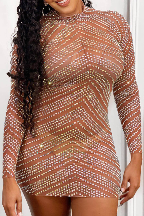 Gold Sexy Patchwork Hot Drill Half A Turtleneck Pencil Skirt Dresses