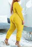 Yellow Casual Solid Bandage Patchwork V Neck Long Sleeve Two Pieces