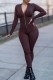 Coffee Fashion Sportswear Print Letter Zipper Collar Jumpsuits