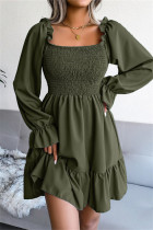Army Green Fashion Casual Solid Patchwork Square Collar Long Sleeve Dresses