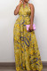 Gold Sexy Print Patchwork Backless V Neck Jumpsuits