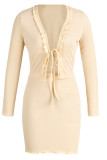 Orange Sexy Casual Solid Bandage V Neck Long Sleeve Two Pieces