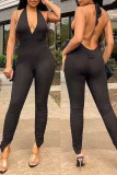 Orange Sexy Solid Patchwork Backless Halter Skinny Jumpsuits