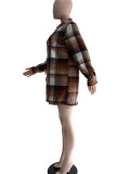 Brown Casual Print Patchwork Buckle Turndown Collar Tops