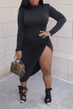 Black Sexy Solid High Opening Half A Turtleneck Irregular Dress Dresses