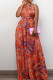 Red Sexy Print Patchwork Backless V Neck Jumpsuits