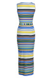 Blue Fashion Casual Striped Print Slit U Neck Vest Dress