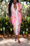 Pink Fashion Casual Print Patchwork Turndown Collar Shirt Dress
