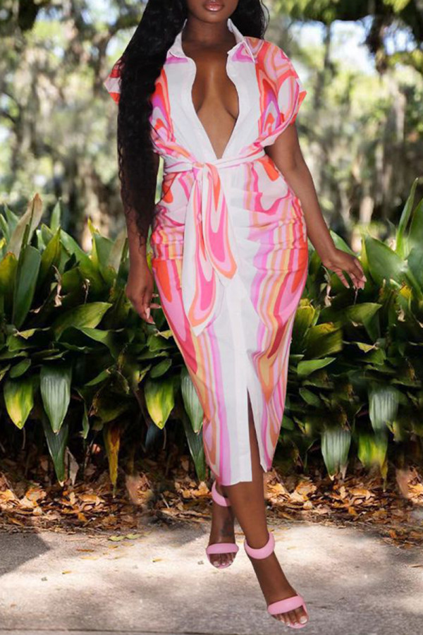 Pink Fashion Casual Print Patchwork Turndown Collar Shirt Dress
