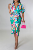 Rose Red Fashion Casual Print Patchwork Turndown Collar Shirt Dress