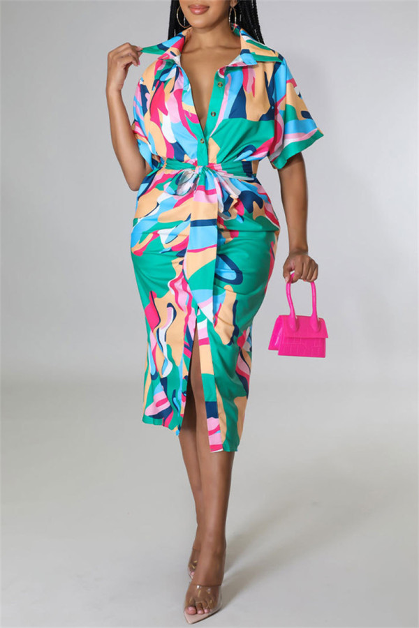 Green Fashion Casual Print Patchwork Turndown Collar Shirt Dress