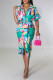 Green Fashion Casual Print Patchwork Turndown Collar Shirt Dress