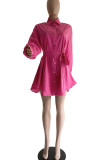 Rose Red Casual Solid Patchwork Buckle Turndown Collar Shirt Dress Dresses