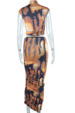 Brown Sexy Print Patchwork Half A Turtleneck Sleeveless Two Pieces