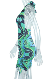 Green Casual Print Patchwork Halter Pencil Skirt Dresses