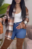 Brown Casual Print Patchwork Buckle Turndown Collar Tops