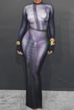 Black Fashion Casual Print Slit O Neck Long Sleeve Dresses