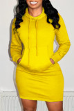 Red Fashion Casual Solid Patchwork Hooded Collar Long Sleeve Dresses