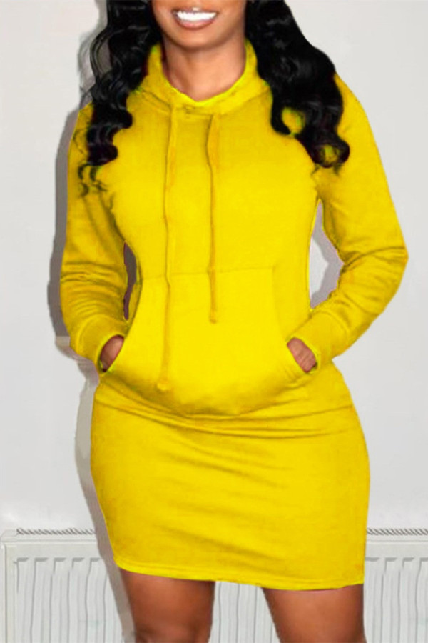 Yellow Fashion Casual Solid Patchwork Hooded Collar Long Sleeve Dresses