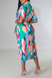 Rose Red Fashion Casual Print Patchwork Turndown Collar Shirt Dress