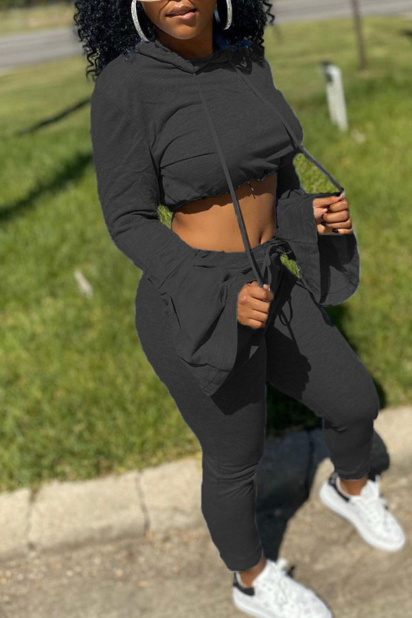 Black Sexy Solid Patchwork Hooded Collar Long Sleeve Two Pieces