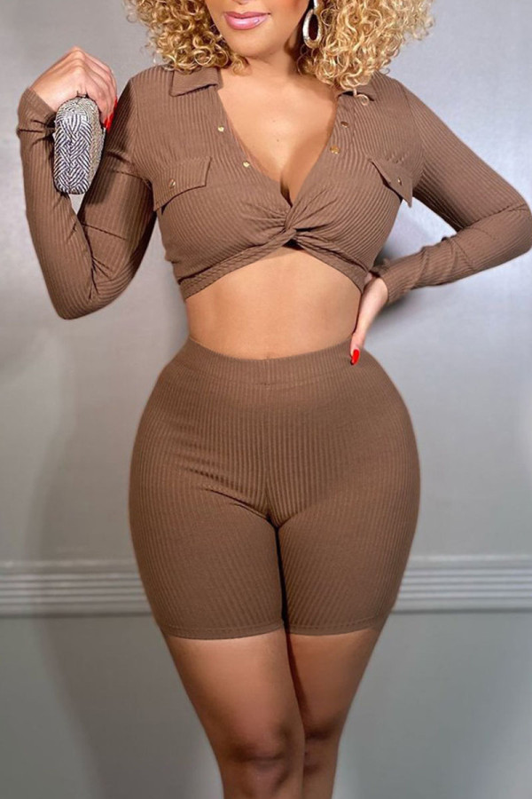 Khaki Sexy Solid Patchwork V Neck Long Sleeve Two Pieces
