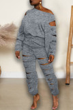 Brown Casual Street Solid Hollowed Out Patchwork O Neck Long Sleeve Two Pieces