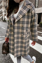 Khaki Fashion Casual Plaid Print Patchwork Cardigan Turn-back Collar Outerwear