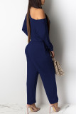 Green Casual Solid Patchwork Frenulum Oblique Collar Straight Jumpsuits