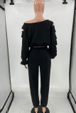 Grey Casual Street Solid Hollowed Out Patchwork O Neck Long Sleeve Two Pieces