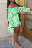 Pink Fashion Sexy Print Patchwork Turndown Collar Long Sleeve Three Pieces