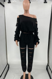 Grey Casual Street Solid Hollowed Out Patchwork O Neck Long Sleeve Two Pieces