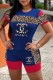Blue Fashion Casual Print Leopard Patchwork Letter O Neck Short Sleeve Two Pieces