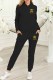 Black Fashion Casual Print Letter Hooded Collar Long Sleeve Two Pieces