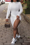 White Sexy Solid High Opening Half A Turtleneck Irregular Dress Dresses