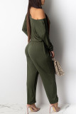 Grey Casual Solid Patchwork Frenulum Oblique Collar Straight Jumpsuits