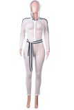 White Sexy Solid Mesh Hooded Collar Skinny Jumpsuits