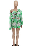 Pink Fashion Sexy Print Patchwork Turndown Collar Long Sleeve Three Pieces