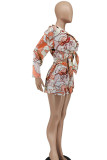 Pink Fashion Sexy Print Patchwork Turndown Collar Long Sleeve Three Pieces