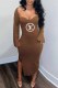 Dark Brown Fashion Elegant Print Slit Letter Square Collar One Step Skirt Dresses