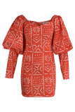 Red Fashion Casual Print Patchwork V Neck Long Sleeve Dresses