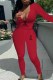 Red Fashion Casual Print Letter V Neck Long Sleeve Two Pieces